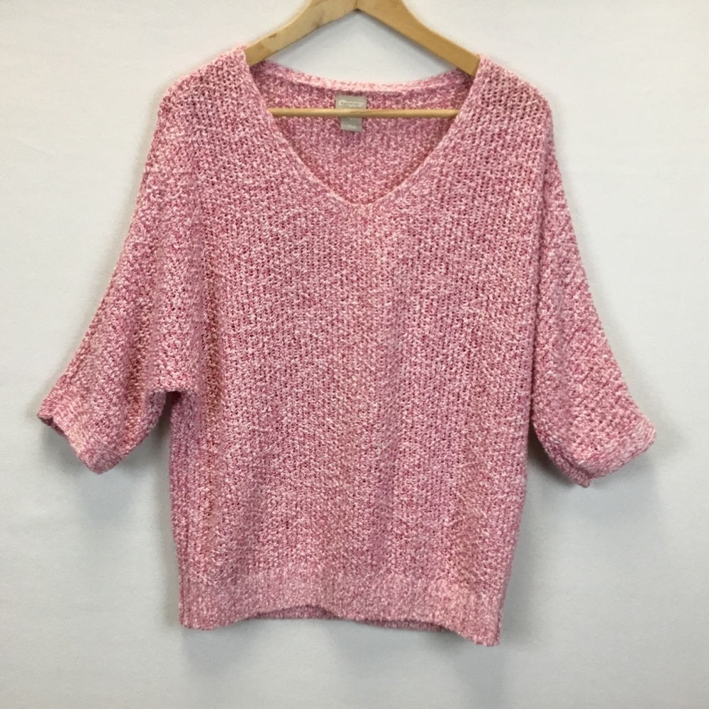 Chico's Pink Marled Cotton Linen Blend Loose Knit Sweater